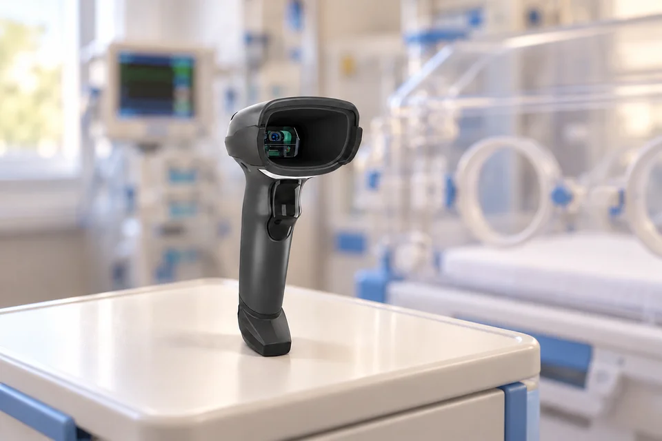 Black barcode scanner standing beside an empty NICU incubator