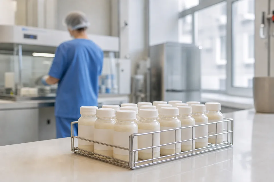 Illustration of sealed milk bottles in a bright milk bank laboratory