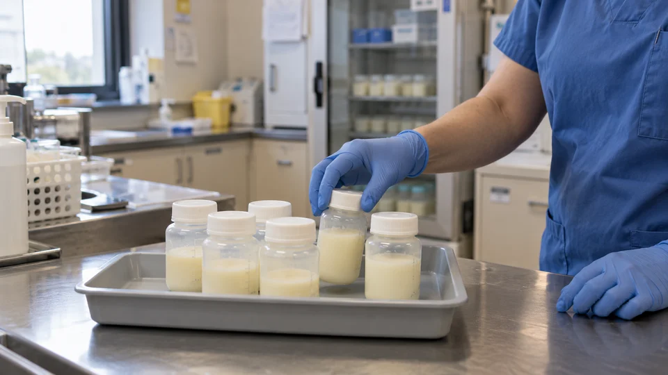 Milk bottles being prepared by a member of a milk bank team