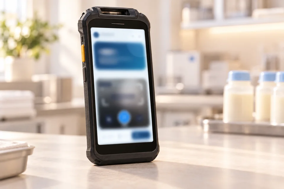 MilkTrail clinician app on a handheld scanner in a milk preparation setting